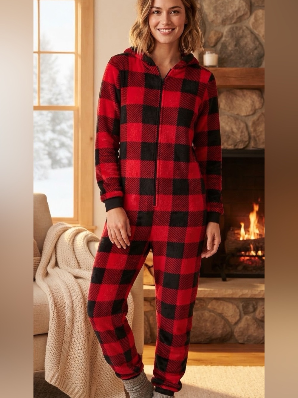 Cat & Jack Red and Black Buffalo Plaid Hooded Zipper Onesie